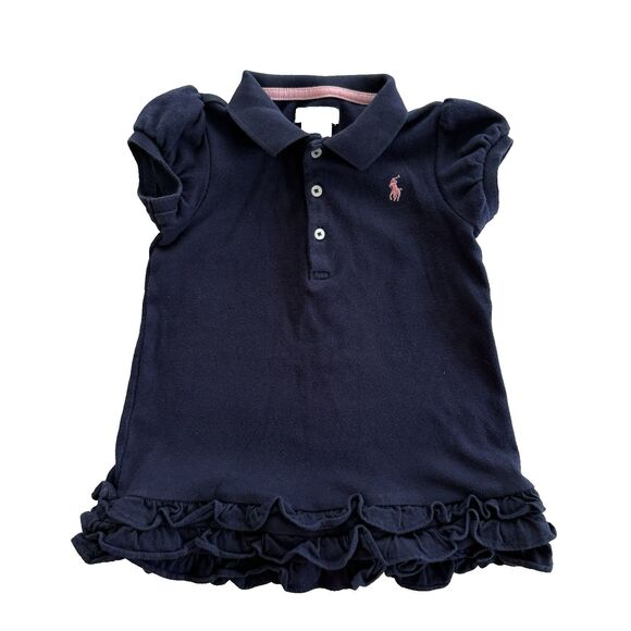 Girls Polo Shirt DRESS POLO RALPH LAUREN Ruffle Hem Navy Blue Pink Logo Size 18m - Picture 2 of 6